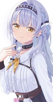 Rule 34 | 1girl, antenna hair, black choker, black hairband, choker, closed mouth, collar, commentary request, diamond-shaped pupils, diamond (shape), ear piercing, frilled hairband, frills, ginjo saine, grey hair, hair bun, hair intakes, hairband, hetj5235, highres, light blush, looking at viewer, mole, mole under eye, neckerchief, piercing, shirt, smile, solo, spiked collar, spikes, symbol-shaped pupils, upper body, virtual youtuber, vspo!, white shirt, yellow eyes, yellow neckerchief