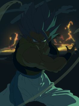 1boy absurdres atsuji1008 black_vest blue_eyes blue_hair blue_sash cowboy_shot cropped_vest dark_background dragon_ball dragon_ball_super dragon_ball_super_broly gogeta highres lava medium_hair muscular muscular_male no_shirt pants sash solo spiked_hair super_saiyan super_saiyan_blue vest white_pants