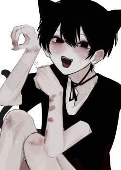 1boy :d animal_ears artist_name bags_under_eyes bandaid bandaid_on_arm bishounen black_eyes black_hair black_ribbon black_shirt blush bruise bruise_on_arm bruise_on_knee bruise_on_leg bruise_on_neck bruise_on_wrist cheek_injury crew_neck crying crying_with_eyes_open cuts daaade888 drooling empty_eyes fake_animal_ears fingernails furrowed_brow hair_between_eyes hand_injury hands_up highres injury knee_injury knees_up long_fingernails looking_at_viewer male_focus neck_ribbon open_mouth original paw_pose ribbon self-harm shirt short_hair short_sleeves sidelocks signature simple_background sitting smile solo sweat tears too_many_bandaids twitter_username upper_body variant_set wavy_mouth white_background