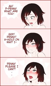 1girl ahegao blush clenched_teeth comic english_text female_focus grey_eyes heart highres implied_yuri one_eye_closed portrait razalor red_hair ruby_rose rwby sexually_suggestive solo speech_bubble sweat sweatdrop tank_top teeth tongue tongue_out upper_body yuri