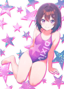 1girl breasts brown_hair clothes_writing commentary_request competition_swimsuit hair_ornament hairclip looking_at_viewer one-piece_swimsuit original purple_one-piece_swimsuit red_eyes short_hair sitting small_breasts smile solo star_(symbol) star_print swimsuit yokozuwari yuki_(nyge2252)