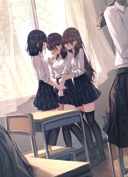 4girls absurdres benevole black_hair black_shoes black_skirt black_thighhighs blue_eyes blush breasts brown_hair chair classroom closed_eyes collared_shirt commentary_request controller covered_erect_nipples curtains desk hand_to_own_mouth highres holding holding_remote_control hug hug_from_behind indoors light_particles loafers long_hair looking_at_another medium_breasts medium_hair midriff_peek multiple_girls navel open_mouth original paid_reward_available pleated_skirt remote_control remote_control_vibrator school_chair school_desk school_uniform sex_toy shirt shoes short_hair skirt sunlight thighhighs three-quarter_sleeves vibrator white_shirt window yuri zettai_ryouiki