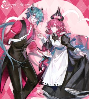 Rule 34 | 1boy, 1girl, :d, absurdres, apron, aqua hair, argyle background, arknights, arm behind back, black dress, black eyes, black horns, black pants, black vest, bright pupils, buttons, cake, cake slice, character name, chinese commentary, closed mouth, collared shirt, commentary request, cream, diamond-shaped pupils, diamond (shape), dress, fang, feet out of frame, fingernails, food, fruit, heart, highres, holding, holding plate, horns, juliet sleeves, light particles, long dress, long hair, long sleeves, maid apron, mitm (arknights), mole, mole under mouth, nail polish, necktie, nymph (arknights), open mouth, pants, pink background, pink eyes, pink hair, pink nails, pink shirt, plate, pointy ears, puffy sleeves, shirt, skin fang, skirt hold, sleeve garter, sleeves rolled up, smile, standing, strawberry, symbol-shaped pupils, tie clip, tongxi65938 (mo zuoren), vest, waistcoat, white apron, white necktie, white pupils