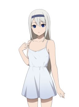 1girl absurdres arm_at_side bare_arms bare_shoulders blue_eyes blue_hairband collarbone commentary coro_fae cowboy_shot dress english_commentary flat_chest grey_hair hair_between_eyes hairband hand_up highres kaguya-sama_wa_kokurasetai_~tensai-tachi_no_renai_zunousen~ light_blush long_hair looking_at_viewer paid_reward_available parted_lips shirogane_kei simple_background sleeveless sleeveless_dress solo standing sundress very_long_hair white_background white_dress