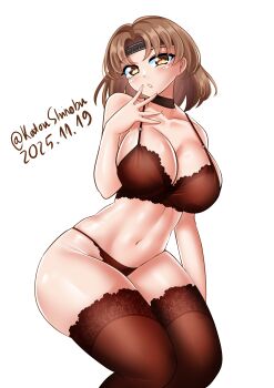 1girl absurdres bra breasts brown_bra brown_choker brown_eyes brown_hair brown_panties brown_thighhighs chiyoda_(kancolle) choker commentary dated feet_out_of_frame headband highres kantai_collection katou_shinobu large_breasts lingerie looking_at_viewer one-hour_drawing_challenge panties short_hair simple_background solo thighhighs twitter_username underwear white_background