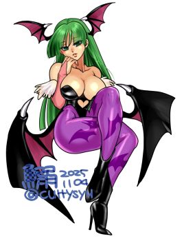 1girl animal_print bare_shoulders bat_print black_boots boots breasts bridal_gauntlets cleavage clothing_cutout crossed_legs cutout_above_navel darkstalkers demon_girl demon_wings full_body green_eyes green_hair head_wings heart_cutout high_heel_boots high_heels invisible_chair large_breasts long_hair low_wings morrigan_aensland multiple_wings panties pantyhose pink_bridal_gauntlets print_panties purple_pantyhose simple_background sitting solo tokisige underwear white_background wings