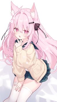 Rule 34 | 1girl, absurdres, ahoge, animal ear fluff, animal ears, blush, borrowed character, cardigan, commentary, commission, cowboy shot, dot nose, flower, fox ears, fox girl, green sailor collar, green skirt, hair between eyes, hair flower, hair intakes, hair ornament, hairclip, hand up, highres, hiraga matsuri, long hair, long sleeves, looking at viewer, miniskirt, open cardigan, open clothes, open mouth, original, pink eyes, pink hair, pleated skirt, sailor collar, school uniform, serafuku, shirt, simple background, skeb commission, skirt, solo, thighhighs, white background, white shirt, white thighhighs, yellow cardigan, zettai ryouiki