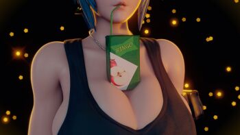 1girl 3d absurdres apple_juice blue_hair bouquetman breasts cleavage crop_top drinking drinking_straw highres jewelry juice juice_box large_breasts leona_heidern necklace snk solo tank_top tawawa_challenge the_king_of_fighters