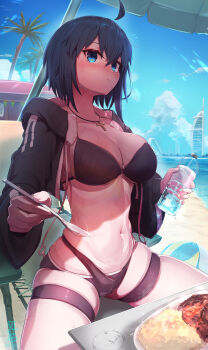 1girl absurdres ahoge bare_shoulders beach bikini black_bikini black_jacket blue_eyes blue_hair blush breasts c.i.e.l_(fate) ciel_(tsukihime) cleavage cropped_jacket cross cross_necklace eating fate/grand_order fate_(series) highres jacket jewelry large_breasts long_sleeves looking_at_viewer mysterious_executor_c.i.e.l_(fate) navel necklace pemosuke short_hair solo swimsuit thighs