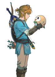 Rule 34 | 1boy, antenna hair, arrow (projectile), blonde hair, blue eyes, blue tunic, boots, bow (weapon), brown footwear, creature, creatures (company), earrings, game freak, gen 7 pokemon, grey pants, hair between eyes, highres, holding, holding creature, inbagzlzl, jewelry, link, male focus, master sword, medium hair, nintendo, pants, pointy ears, pokemon, ponytail, profile, quiver, rowlet, sidelocks, solo, the legend of zelda, the legend of zelda: tears of the kingdom, vambraces, weapon, weapon on back, white background
