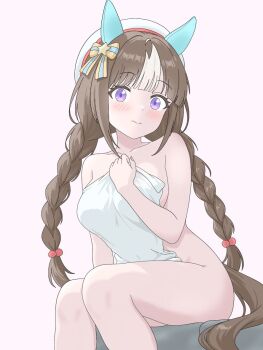 1girl animal_ears bare_shoulders beret blush bow braid breasts brown_hair closed_mouth collarbone ear_covers hat hokko_tarumae_(umamusume) horse_ears horse_girl horse_tail kurama_(jpjvn42ej6tug5n) large_breasts long_braid long_hair looking_at_viewer multicolored_hair naked_towel purple_eyes sitting solo striped_bow striped_hair tail towel twin_braids umamusume white_hair white_hat