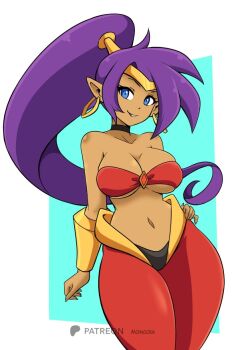 1girl bare_shoulders blue_eyes bracer breasts choker cleavage collarbone dancer dark_skin earrings female_focus grin hand_on_own_hip harem_pants high_ponytail hoop_earrings jewelry large_breasts long_hair looking_at_viewer midriff momocka-art navel pants pointy_ears ponytail purple_hair red_pants red_shirt shantae shantae_(series) shirt smile solo standing stomach strapless teeth thick_thighs thighs tiara tube_top underboob wayforward white_background wide_hips