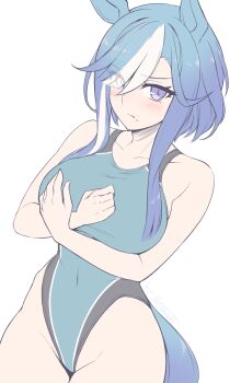 1girl admire_groove_(umamusume) alternate_costume animal_ears blue_hair breasts covered_navel cowboy_shot crossed_arms green_one-piece_swimsuit highleg highleg_one-piece_swimsuit highres horse_ears horse_girl horse_tail multicolored_hair one-piece_swimsuit pale_color pataneet purple_eyes short_hair_with_long_locks simple_background solo streaked_hair swimsuit tail two-tone_swimsuit umamusume white_background white_hair