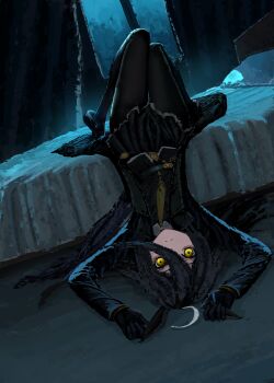 1girl absurdres ahoge animal_ears bed black_coat black_gloves black_hair black_pantyhose black_shirt black_skirt closed_mouth coat collared_shirt commentary ear_tag earrings gloves hair_between_eyes highres horse_ears horse_girl horse_tail jewelry long_bangs long_hair long_hair_between_eyes long_sleeves looking_at_viewer manhattan_cafe_(creeping_shadow)_(umamusume) manhattan_cafe_(umamusume) multicolored_hair necktie night pantyhose pillow shirt single_earring skirt solo tail thefatum umamusume upside-down very_long_hair white_hair window yellow_eyes yellow_necktie