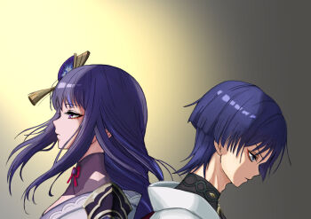 1boy 1girl adam's_apple back-to-back black_bodysuit blue_pupils blunt_ends bodysuit braid closed_mouth commentary_request eyelashes eyeliner fan_hair_ornament flower from_side genshin_impact gradient_background hair_flower hair_ornament japanese_clothes kimono long_hair looking_to_the_side low-braided_long_hair low-tied_long_hair makeup mother_and_child mother_and_son multicolored_hair parent_and_child pink_eyes profile purple_eyes purple_hair purple_kimono purple_shrug raiden_shogun red_eyeliner sanpaku scaramouche_(genshin_impact) shrug_(clothing) single_sode streaked_hair tassel tassel_hair_ornament tsurime turtleneck turtleneck_bodysuit user_kndz7833 wanderer_(genshin_impact) white_kimono wispy_bangs