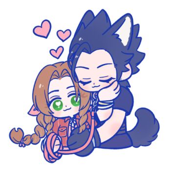 105zz 1boy 1girl :3 aerith_gainsborough animal_ears black_hair braid braided_ponytail brown_hair closed_eyes closed_mouth commentary_request couple crisis_core_final_fantasy_vii dog_boy dog_ears dog_tail dress final_fantasy final_fantasy_vii final_fantasy_vii_remake green_eyes hair_ribbon hand_on_another&#039;s_cheek hand_on_another&#039;s_face heart heart-shaped_pupils holding holding_leash jacket leash lowres parted_bangs pink_dress pink_ribbon ponytail red_jacket ribbon smile spiked_hair symbol-shaped_pupils tail white_background zack_fair