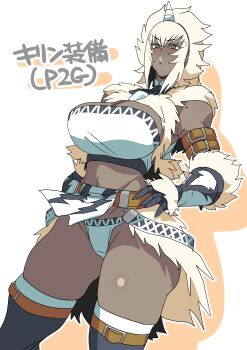 1girl absurdres arm_strap bandeau blonde_hair blue_thighhighs breasts brown_eyes cleavage commentary_request cowboy_shot dark-skinned_female dark_skin fake_horns fur_skirt fur_trim gauntlets goru_(glty07) hairband highres horn_hairband horns huge_breasts kirin_(armor) midriff monster_hunter_(character) monster_hunter_(series) panties pelvic_curtain solo thighhighs translation_request underwear white_bandeau white_panties