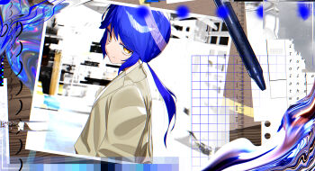 Rule 34 | 1girl, absurdres, blue hair, commentary, commission, english commentary, highres, long hair, original, pen, photo (object), ponytail, signal 1120, skeb commission, solo, yellow eyes