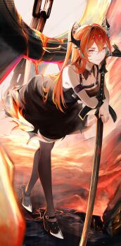 1girl absurdres amamiya_(1201hlx) arknights bare_shoulders black_dress black_horns black_shoes breasts brown_pantyhose cleavage closed_mouth dress fingernails full_body hair_between_eyes highres horns huge_weapon infection_monitor_(arknights) jewelry leaning leaning_forward long_hair looking_at_viewer medium_breasts orange_hair pantyhose purple_eyes ring shoes smile solo standing surtr_(arknights) sword weapon