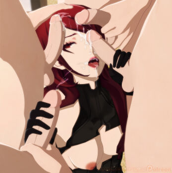 1girl 3d 4boys bodysuit breasts breasts_out cum cum_in_mouth cum_on_body cum_on_hair ejaculation facial group_sex hand_on_head handjob highres imaginarydigitales kirijou_mitsuru multiple_boys nipples nude open_mouth penis persona persona_3 red_eyes red_hair sex tongue tongue_out