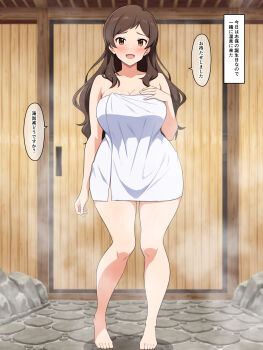 1girl :d absurdres architecture arm_at_side blush breasts brown_eyes brown_hair cleavage collarbone commentary_request dot_nose east_asian_architecture eyelashes full_body furrowed_brow hand_on_own_chest highres idolmaster idolmaster_million_live! idolmaster_million_live!_theater_days kitazawa_shiho knees_together_feet_apart large_breasts long_hair mei_ichi naked_towel onsen open_mouth parted_bangs shadow sidelocks smile solo speech_bubble standing steam stone_floor toes towel translation_request wavy_hair wooden_door
