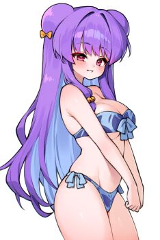 Rule 34 | 1girl, absurdres, bell, bikini, blue bikini, bow, breasts, cleavage, double bun, hair bell, hair bow, hair bun, hair ornament, highres, long hair, looking at viewer, purple hair, ranma 1/2, red eyes, seion, shampoo (ranma 1/2), sidelocks, simple background, swimsuit, underboob, white background, yellow bow