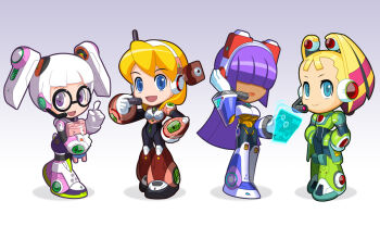 4girls :d alia_(mega_man) android armor black-framed_eyewear black_bodysuit blonde_hair blue_eyes blunt_bangs bodysuit breasts chibi chibi_only cleavage closed_mouth commentary covered_eyes crop_top dark-skinned_female dark_skin english_commentary glasses gloves gradient_background grey_background hair_over_eyes hand_on_own_hip hand_up happy headgear headset hime_cut holding holographic_interface holographic_touchscreen hong_sung_hyun index_finger_raised irene_(mega_man) layer_(mega_man) long_hair looking_at_viewer medium_breasts mega_man_(series) mega_man_x_(series) mole mole_under_eye multiple_girls official_art open_mouth pallette_(mega_man) purple_eyes purple_hair robot_ears rockman_online round_eyewear shadow simple_background smile standing twintails underboob white_gloves white_hair