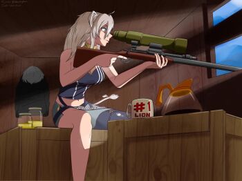 1girl animal_ear_fluff animal_ears breasts coffee coffee_mug coffee_pot cup from_side fur_trim grey_eyes grey_hair gun holding holding_gun holding_weapon hololive jacket lion_ears lion_girl lion_tail medium_breasts mug navel o-ring o-ring_thigh_strap pee pee_in_container rifle shishiro_botan shishiro_botan_(1st_costume) single_leg_pantyhose sitting skd sniper_rifle solo tail team_fortress_2 thigh_strap torn_clothes torn_legwear unworn_jacket virtual_youtuber weapon