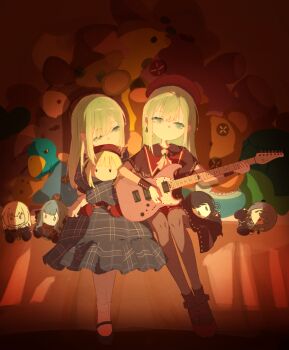 Rule 34 | 2girls, 7-string guitar, amoris (bang dream!), ascot, ave mujica (bang dream!), bang dream!, bang dream! it's mygo!!!!!, beret, black capelet, black pantyhose, black socks, blue dress, capelet, character doll, closed mouth, commentary, doll, doloris (bang dream!), dress, dual persona, electric guitar, extended range guitar, green eyes, green hair, guitar, hat, holding, holding guitar, holding instrument, instrument, long hair, long sleeves, maa-chan (sima), misumi uika, mortis (bang dream!), mortis (costume) (bang dream!), mortis (persona) (bang dream!), multiple girls, oblivionis (bang dream!), pantyhose, plaid clothes, plaid dress, red hat, red shoes, shirt, shoes, socks, stuffed toy, timoris (bang dream!), togawa sakiko, wakaba mutsumi, wakaba mutsumi (doll), white ascot, white shirt, yahata umiri, yuutenji nyamu