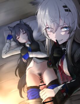 1boy 2girls animal_ear_fluff animal_ears arknights arm_up ass black_gloves black_hair black_vest blue_eyes blue_gloves blue_necktie buttons censored closed_eyes clothes_pull crossed_bangs dress_shirt finger_to_mouth fingerless_gloves from_above fur_trim gloves gluteal_fold grey_hair hair_between_eyes hair_ornament hair_over_one_eye hairclip handjob hetero highres jewelry lappland_(arknights) lappland_the_decadenza_(arknights) long_hair long_sleeves looking_at_viewer lying messy_hair molestation mosaic_censoring multiple_girls necktie on_back on_bed pale_skin pantyhose pantyhose_pull penis pubic_hair pussy reber red_necktie scar scar_across_eye scar_on_face sharp_teeth shirt shorts shorts_pull shushing sidelocks single_glove sleep_molestation sleeping smile smug tail teeth texas_(arknights) texas_the_omertosa_(arknights) vest white_hair white_shirt wolf_ears wolf_girl wolf_tail