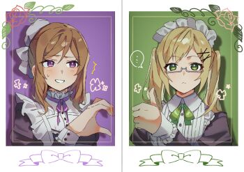 ... 2girls alternate_costume axis_powers_hetalia blonde_hair blush brown_hair enmaided france_(female)_(hetalia) france_(hetalia) genderswap genderswap_(mtf) glasses green_eyes hair_ornament hairclip half-heart_hands heart_hands_failure highres ka_henkaku long_hair looking_at_viewer looking_to_the_side maid maid_headdress multiple_girls portrait purple_eyes ribbon split_screen spoken_ellipsis sweatdrop thumbs_up twintails united_kingdom_(female)_(hetalia) united_kingdom_(hetalia) updo