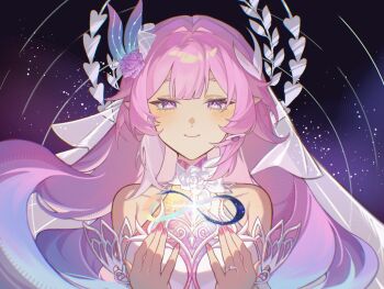 1girl amphoreus_(honkai:_star_rail) aqua_hair bare_shoulders breasts commentary cyrene_(honkai:_star_rail) cyrene_(ripples_of_past_reverie)_(honkai:_star_rail) diamond-shaped_pupils diamond_(shape) dress english_commentary flower hair_flower hair_ornament halo highres honkai:_star_rail honkai_(series) large_breasts long_hair miiilkfoam mobius_strip multicolored_hair pink_hair pointy_ears purple_eyes sky smile solo star_(sky) starry_sky symbol-shaped_pupils upper_body very_long_hair white_dress white_hair