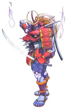 Rule 34 | 1boy, absurdres, armor, bengus, bishamon (darkstalkers), clenched teeth, darkstalkers, dou, from side, full body, game cg, glowing, glowing eyes, helmet, highres, hitodama, holding, holding sword, holding weapon, japanese armor, kabuto (helmet), katana, kusazuri, non-web source, official art, painting (medium), samurai, sharp teeth, shoulder armor, simple background, sode, solo, sword, teeth, traditional media, waraji, watercolor (medium), weapon, white background