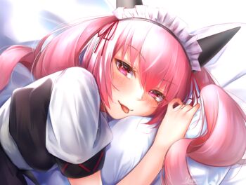 Rule 34 | 1girl, akiha rumiho, animal ear hairband, animal ears, blush, cat ears, drill hair, fake animal ears, frills, hairband, head on pillow, long hair, looking at viewer, lying, maid, maid headdress, mayqueen maid uniform, narrowed eyes, on bed, on side, pillow, pink eyes, pink hair, puffy short sleeves, puffy sleeves, science adventure, short sleeves, smile, solo, steins;gate, tongue, tongue out, tsurime, twin drills, twintails, yakku