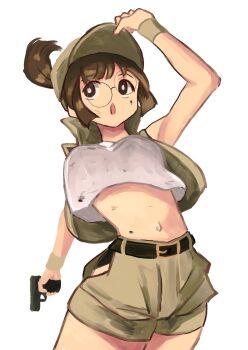 Rule 34 | belt, brown eyes, brown hair, crop top, field cap, fio germi, glasses, gun, hashtag-only commentary, hat, highres, looking to the side, metal slug, military, ponytail, round eyewear, shorts, sweat, tikuwabu 33, weapon, white background