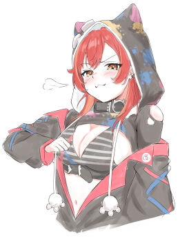 1girl :3 absurdres aisu_(88) animal_ear_hood animal_ears black_collar black_jacket black_shrug blush bra breasts cleavage closed_mouth collar commentary_request cropped_torso drawstring earrings eyelashes fake_animal_ears highres hood hood_up jacket jewelry large_breasts long_sleeves midriff navel nekota_tsuna paint_splatter partially_open_jacket red_hair shrug_(clothing) sidelocks simple_background single_off_shoulder smile solo striped_bra striped_clothes underwear virtual_youtuber vspo! white_background yellow_eyes