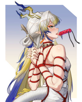 1girl absurdres applying_gag arknights arms_behind_back ball_gag bdsm belt blonde_hair blue_eyes bondage bound bound_arms bound_torso bound_wrists choker dildo_gag from_below gag gagging grey_hair highres horns multicolored_hair restrained saliva shibari shibari_over_clothes shinebell shu_(arknights) sidelocks skindentation split-color_hair tail tongue tongue_out unrown_gag variant_set wiffle_gag