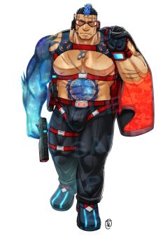1boy abs bara bare_pectorals beard_stubble belt blue_hair bulge bulge_lift chest_harness cross_scar dog_tags ei_(marutendon) facial_hair facial_scar full_body glowing_skin goggles gradient_skin gun hairy harness highres holding holding_gun holding_weapon huge_pectorals live_a_hero looking_at_viewer male_focus mature_male merchandise_available multicolored_hair multiple_belts muscular muscular_legs muscular_male nipples pectorals scar scar_on_cheek scar_on_face scar_on_forehead short_hair solo sparse_arm_hair sparse_chest_hair strongman_waist stubble thick_eyebrows thighs tusks two-tone_hair undercut walking weapon white_background yoshiori_(live_a_hero)