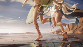 2girls ass barefoot beach bikini blonde_hair blue_bikini blue_scrunchie blue_sky blurry blurry_background bubble cloud day dooby dooby_(summer) feet fins fish_girl fish_tail floating_hair hair_ornament highres indie_virtual_youtuber jerboa_tail kokono_ka long_hair lower_body multiple_girls ocean outdoors running sameko_saba scrunchie shore sky soles striped_bikini striped_clothes surfboard swimsuit tail toes very_long_hair virtual_youtuber water wrist_scrunchie