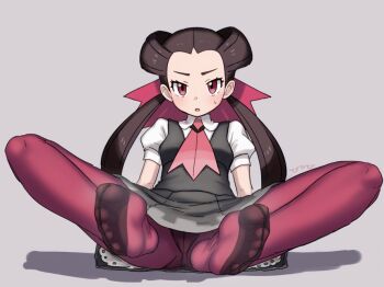 1girl black_dress blush breasts brown_hair dress eyelashes feet forehead full_body grey_background long_hair looking_at_viewer neckerchief nintendo open_mouth panties panties_under_pantyhose pantyhose pink_neckerchief pleated_dress pokemon pokemon_oras puffy_short_sleeves puffy_sleeves purple_eyes purple_pantyhose roxanne_(pokemon) shadow short_dress short_sleeves signature simple_background sitting sleeveless sleeveless_dress small_breasts soles solo toe_seam toes twintails underwear vchii_usagi very_long_hair