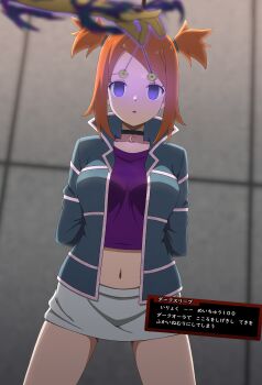 1boy 1girl absurdres arms_behind_back black_choker blue_eyes choker coin commentary_request crescent_choker cropped_shirt gen_1_pokemon glowing highres holding holding_string holed_coin hypno hypnosis jacket legs_apart microskirt midriff mind_control navel nintendo no_pupils open_clothes open_jacket orange_hair pendulum pokemon pokemon_(creature) pokemon_colosseum purple_shirt rui_(pokemon) shirt skirt string tak_(user_uyys5227) tile_wall tiles translation_request two_side_up