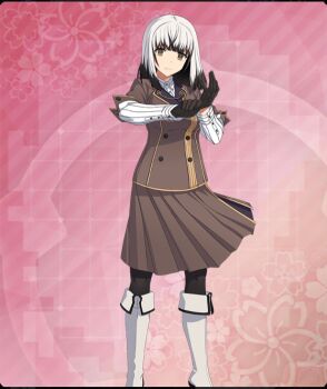 Rule 34 | 1girl, black gloves, black hair, black pantyhose, boots, breasts, brown eyes, brown jacket, brown skirt, buttons, closed mouth, colored tips, dot nose, double-breasted, expressionless, feet out of frame, floral background, game cg, glove pull, gloves, grey hair, hands up, jacket, knee boots, long sleeves, looking at viewer, medium breasts, medium hair, multicolored hair, official art, origami family's elite guard uniform, pantyhose, pink background, pinstripe pattern, pinstripe shirt, satsuki yomi, shirt, short sleeves, skirt, solo, striped clothes, striped shirt, third-party source, toji no miko, toji no miko: kizamishi issen no tomoshibi, vertical-striped clothes, vertical-striped shirt, white boots, white shirt