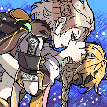 2boys aether_(genshin_impact) albedo_(genshin_impact) bent_over black_gloves blonde_hair blue_background blue_eyes braid braided_ponytail commentary earrings elbow_gloves face-to-face genshin_impact gloves highres hood hug imminent_kiss jewelry kiss kissing_neck kkaiju korean_commentary leaning_back long_hair looking_at_another midriff multiple_boys open_mouth ponytail upper_body yaoi yellow_eyes