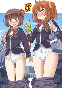!? 2girls 2others absurdres ahoge arm_at_side assisted_exposure bag blazer blue_sky blunt_bangs blunt_ends blush bow bowtie breasts bright_pupils brown_eyes brown_hair closed_mouth clothes_pull collared_shirt commentary_request crotch_seam cup day disposable_cup drinking_straw emblem fate/grand_order fate_(series) feet_out_of_frame floral_print floral_print_panties fujimaru_ritsuka_(female) hair_ornament hair_scrunchie hand_up hands_up highres holding holding_cup holding_strap humiliation jacket komahime_(fate) large_breasts large_variant_set letterboxed long_hair long_sleeves looking_down low_twintails medium_hair multiple_girls multiple_others nose_blush one_side_up open_mouth orange_eyes orange_hair outdoors outside_border panties pantsing pleated_skirt print_panties pulling_another&#039;s_clothes purple_jacket purple_skirt red_bow red_bowtie school_bag school_uniform scrunchie shimouki_izui shirt skirt skirt_pull sky small_breasts smile sphere_hair_ornament split_mouth standing surprised twintails underwear variant_set wavy_mouth white_panties white_pupils white_shirt wing_collar yellow_scrunchie