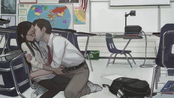 1boy 1girl age_difference black_hair classroom dark-skinned_female dark_skin feason flat_chest glasses hetero interracial kiss leggings_under_shorts loli older_male_and_younger_female on_floor school sexually_suggestive shoes sneakers teacher_and_student