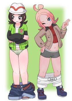 2girls absurdres backpack bag bell-bottoms belt blue_eyes bow bow_panties boyshort_panties breasts brown_eyes brown_hair brown_jacket clenched_hands clothes_pull collarbone cropped_shirt crossed_arms denim embarrassed eyebrows eyelashes female_focus fingernails flat_chest forehead friends full_body gradient_background gradient_hair green_background green_jacket green_panties grey_panties groin hand_on_own_hip hand_up happy harmony_(pokemon) hat head_tilt highres jacket jeans knees legs legs_together loli long_sleeves looking_at_viewer looking_to_the_side matching_hair/eyes medium_hair mega_ring midriff multicolored_hair multiple_girls navel neck nintendo one_eye_closed open_belt open_clothes open_jacket orange_hair panties pants pants_pull parted_bangs parted_lips pigeon-toed pink_hair pokemon pokemon_legends:_z-a porkpie_hat shirt shoes short_shorts shorts sidelocks small_breasts smile sneakers standing taunie_(pokemon) thighs topknot underwear unworn_backpack unworn_bag v white_shirt white_shorts wink yakousei_(zcuh7833)