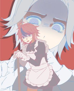 2boys ? ?? ahoge aotsuki_eito apron black_dress blue_eyes chinese_commentary commentary_request crossdressing crossdressing_(mtf) dress drop_shadow frilled_apron frilled_gloves frills glasses gloves grey_hair highres juliet_sleeves long_sleeves looking_at_another looking_at_viewer maid maid_apron male_focus male_maid multicolored_hair multiple_boys nervous_sweating open_mouth puffy_sleeves purple_eyes red_background red_hair semi-rimless_eyewear shaded_face short_hair streaked_hair suanxingtangshui sumino_takumi sweat the_hundred_line_-last_defense_academy- variant_set