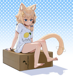 Rule 34 | 1girl, absurdres, aged down, agemmata, animal ear fluff, animal ears, bare legs, barefoot, black collar, blonde hair, blue bow, blue eyes, blush, bow, box, braid, cardboard box, cat ears, cat girl, cat tail, collar, commentary, earrings, english commentary, extra ears, feet, full body, hair bow, hair ornament, hairclip, heart, heart-shaped pupils, highres, jewelry, kaneko lumi, legs, low twin braids, nail polish, no pants, oversized clothes, oversized shirt, phase connect, shirt, short braid, sidelocks, simple background, single off shoulder, sitting, slit pupils, solo, star (symbol), star earrings, star hair ornament, star pendant, symbol-shaped pupils, tail, toenail polish, toenails, toes, twin braids, virtual youtuber, white shirt, wispy bangs, wristband
