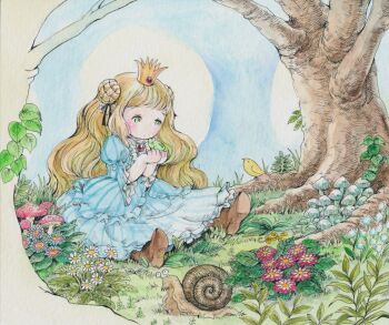 Rule 34 | 1girl, blonde hair, blush, boots, commentary request, crown, dress, flower, frog, frog prince, grass, green eyes, hair bun, highres, long hair, mushroom, nature, original, outdoors, painting (medium), princess, sato (osappun), sitting, snail, traditional media, tree, watercolor (medium)