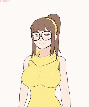 1girl afrobull animated animated_gif artist_name bare_shoulders black-framed_eyewear bouncing bouncing_breasts breasts brown_hair closed_mouth commentary dress english_commentary glasses grey_background hairband jumping large_breasts looking_at_viewer looping_animation original ponytail red_eyes simple_background smile solo steph_(afrobull) sweater sweater_dress yellow_dress yellow_hairband